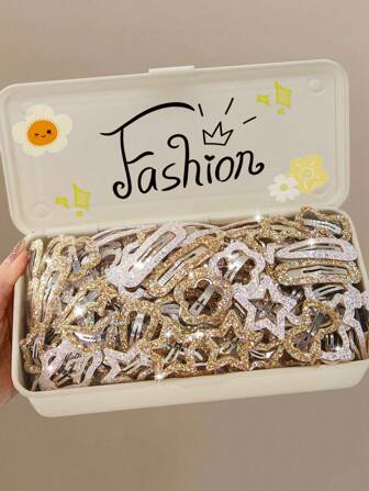 20pcs Gold Glitter Star, Water Drop, Heart, Flower, Bear, Meteor Decorative Hair Clips For Kids, Suitable For Everyday Use