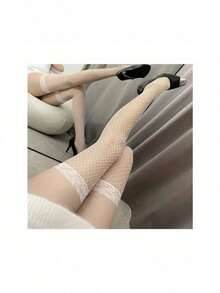 1 pieza Medias sexy de encaje y malla, pantimedia pura negra sexy para mujer madura y de talla grande - Blanco - Ver 1