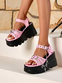 Y2K Women's Thick Sole Wedge Sandals Chain & Heart Goth Sandals Punk Sandals Women's  Black Heels - 粉色 - 查看 1