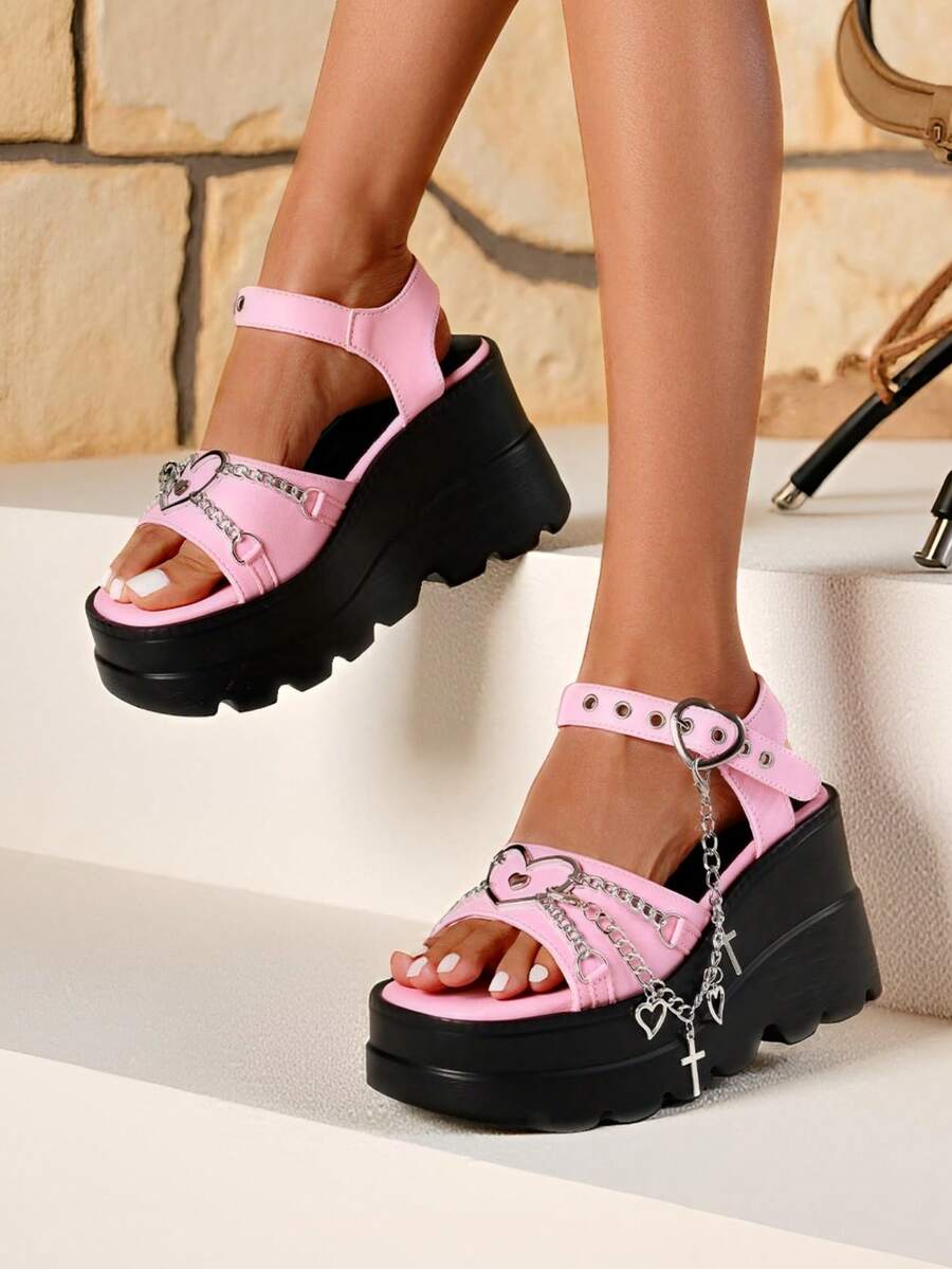 Y2K Women's Thick Sole Wedge Sandals Chain & Heart Goth Sandals Punk Sandals Women's  Black Heels - 粉色 - 查看 1