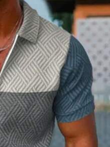 1 Set Men's Sports Casual Suit, Jacquard Splice Print Polo Shirt And Knee Length Shorts Outfit, Summer