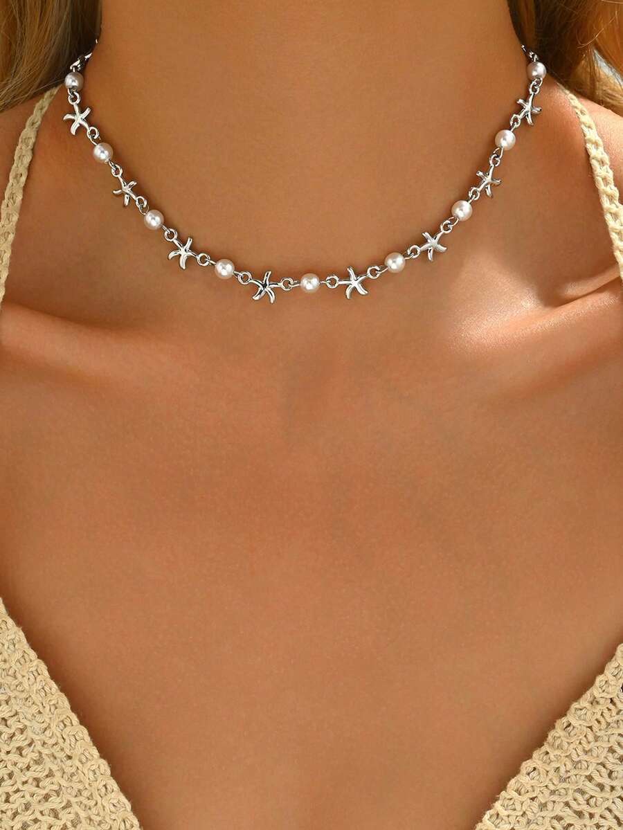 1 件夏季海洋风格手工珍珠海星银锁骨链项链，简约精致女士珠宝，适合日常佩戴、海滩旅行、约会、送给家人和朋友的礼物 - 海星+仿珍珠 - 查看 1