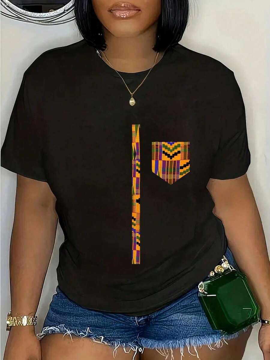 100% Cotton African Print Dashiki For Men Traditional African Kente T-Shirt Casual Short Sleeve Shirt - 黑色 - 查看 1