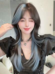 XIXISNOW Synthetic Hairpieces Wavy Layered Wigs With Bangs Blue High 24inch For Beginners Daily Party Use Young - Blue Highlight - View 4