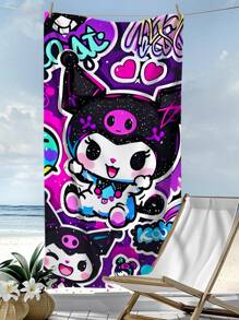 Sanrio 250gsm Super Soft & Quick Dry Microfiber Sanrio Kuromi Cartoon Character Printed Beach/Yoga Mat, Sunscreen Shawl, Suitable For Travel, Camping, Swimming, Outings. 1pc 70*140cm Bath/Beach Towel Or Larger 90*180cm Bath/Beach Towel Bathroom Decor Summer Beach Essentials