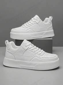 Sapatos Casuais Outdoor Confortáveis e Versáteis de Couro Branco Puro com Efeito de Emenda para Casal, Elegantes e Simples, Plataforma Alta Juvenil, Sola Plana Esportiva Absorvente de Impacto, Sapatos Brancos