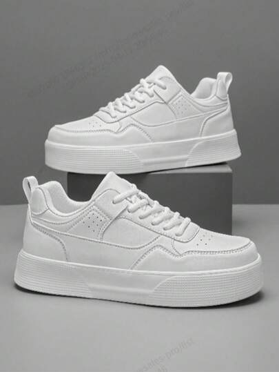 男士纯白皮拼接情侣舒适百搭休闲户外鞋时尚简约青年高水台增高运动平底减震小白鞋