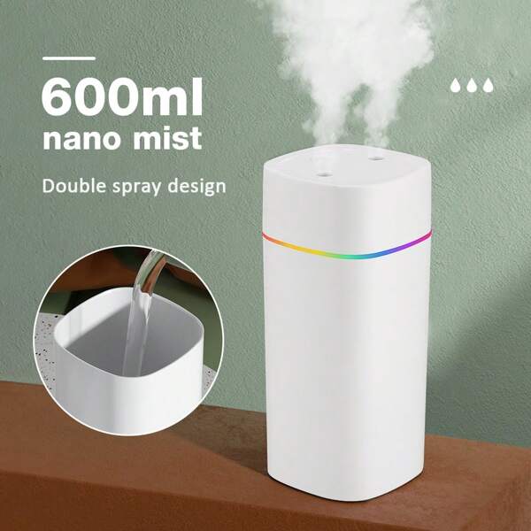 Hailicare Dual Nozzle Large Mist Humidifier|600ml Capacity Tank|6h Auto - Off Protection|USB Quiet 2 - Speed Adjustment|Nano Fine Mist + Colorful Night Light|Desk & Car Use|Detachable Tank For Easy Refill|Essential Oil Compatible
