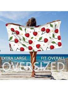 1pc Cherry Print Super Soft Microfiber Beach Towel - Quick Dry, Sand-Free, Lightweight & Highly Absorbent - Ideal For Swimming, Camping, Travel - Great Valentine's Day Gift, Travel Towel | Cherry Pattern Towel | Microfiber Material Summer Holiday Bathroom Decor Beach Essentials
