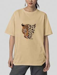 Women's Oversized Leopard Print T-Shirt, 100% Cotton, Basic - Beige - View 2