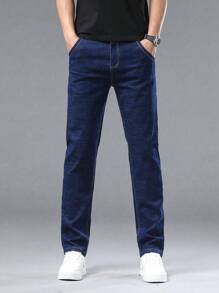 Jeans in denim dritti e stretch da uomo, pantaloni casual sportivi versatili di colore unito, adatti per il lavoro e l'uso quotidiano