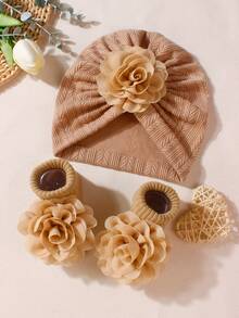 1pc Infant Chiffon Curly Flower Decor Headband Hat + 1 Pair Anti-Slip Baby Floor Leg Warmers, Suitable For Daily Wear