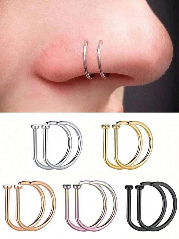 2/10 piezas Anillo de nariz falso para hombres y mujeres, estilo punk en forma de D, sin perforación, de acero inoxidable de 14K oro, adecuado para adolescentes, joyería corporal, regalos