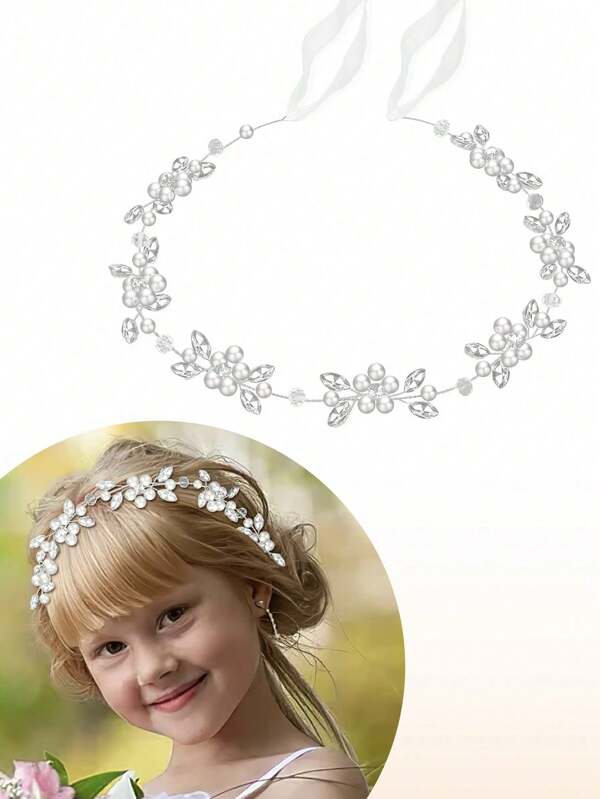 1pc Flower Girl Headpiece, Flower Girl Hair Accessory, Silver Wedding Headband For Girls, Princess Crystal Pearl Hair Accessories For Birthday, Party, First Communion,Wedding
