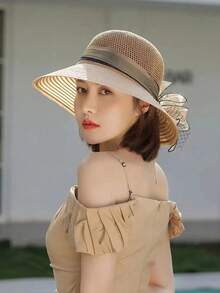 1pc Women's Fashion Floral Mesh Sun Hat, Spring/Summer Breathable Sun Protection Bucket Hat Suitable For Outdoor Use, Hollow Knit Patchwork Organza Sun Cap, New Arrival Summer Travel Fishing Hat, Gift/Everyday Essential