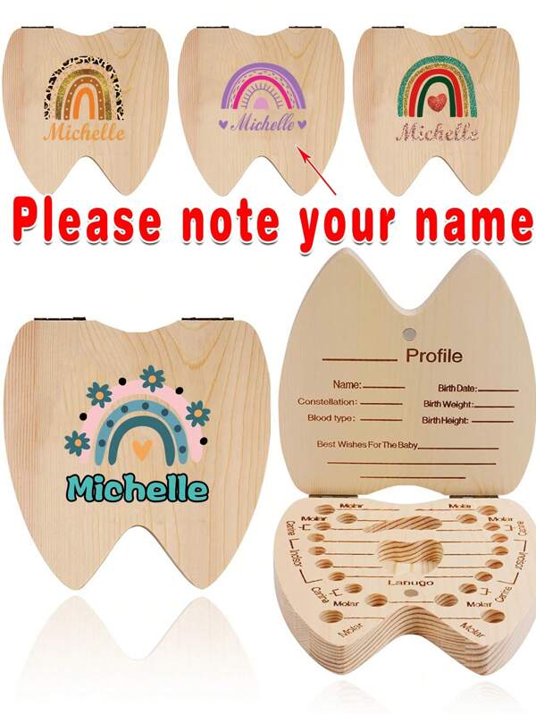 Custom Name Wooden Milk Tooth Fairy Box Deciduous Teeth Organizer Case Newborn Keepsake Lanugo Umbilical Cord Storage Collection Holder For Admissible 20 Corresponding Souvenir Ideal Gift For New Parents Nursery Room Decor