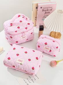 1 Piece Pink And White Color Matching Cosmetic Bag With Strawberry Pattern, Multifunctional Cosmetic Storage Bag Portable Cosmetic Brush Clutch With Zipper Closure, Ready For Lipstick, Brush, Skincare, Storage Box, Jewelry Storage Box, Lip Gloss Storage Box, Nail Polish Storage Box Cosmetic Bag, Holiday Essential Cosmetic Bag