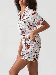 Women Halloween Pajama Set, Ghost Pumpkin Print Short Sleeve Button Closure Top With Shorts Sleepwear Loungewear - 白色 - 查看 5