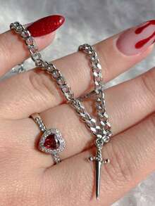 2pcs/Set Gothic Creative Personalised Heart And Sword Promise Ring Ladies Bracelet Ring Set, Valentine's Day Gift, Jewellery Accessories,Mom,Mother,Mother's Day,Gift - Bạc - Xem 11