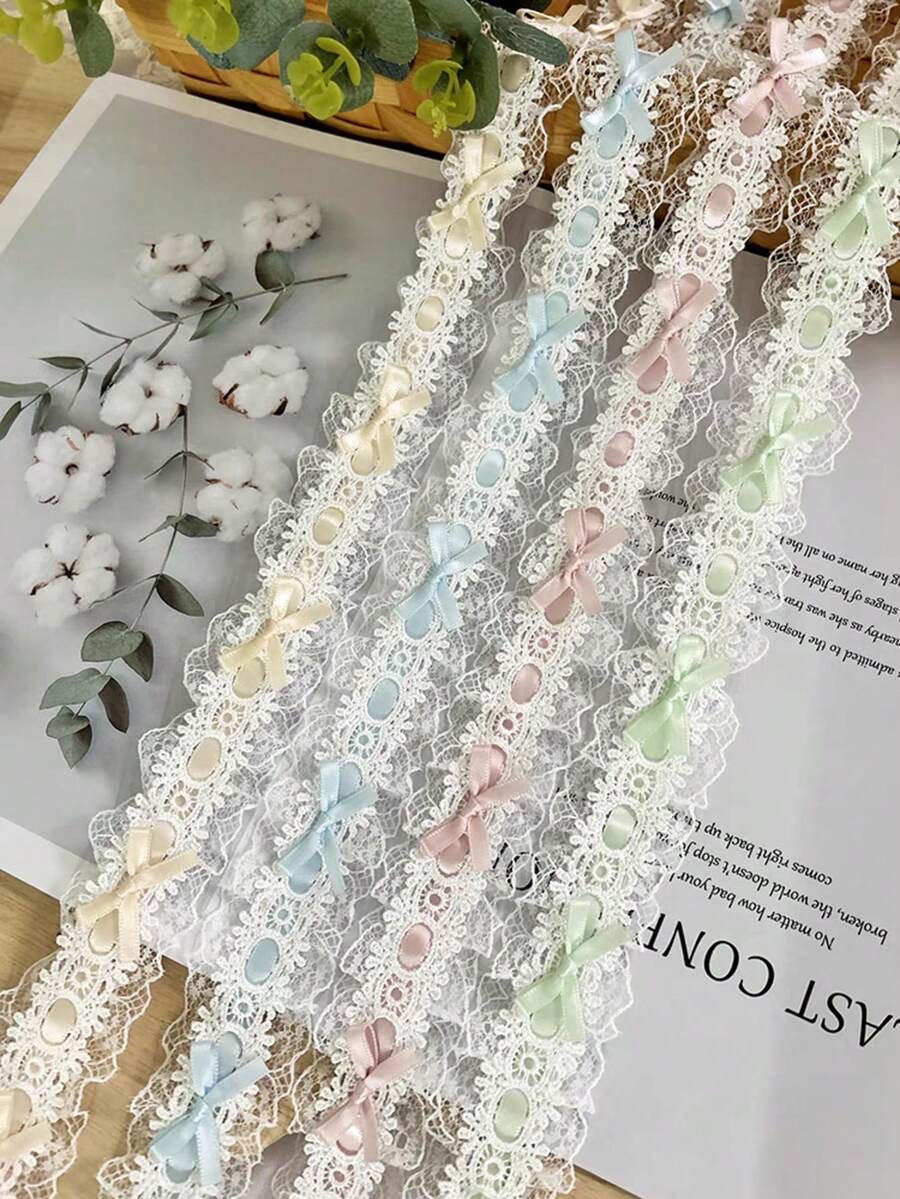 1 码法式双层缎带刺绣蕾丝花边，配可爱蝴蝶结，DIY 婚纱材料，用于服装、发饰、家居装饰的织物蕾丝丝带，多色可选