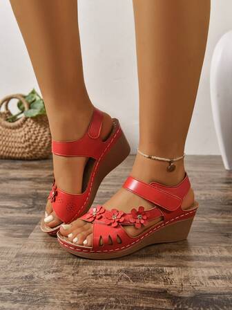 Floral Rivets Crystal Wedge Platform Sandals, Hollow Strap Hook And Loop Ankle Strap Vacation Style Elegant Stitching Ladies Shoes, Spring/Summer