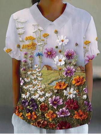 Top décontracté ample à manches courtes avec imprimé animal et encolure asymétrique - Chemise en polyester respirante pour les vacances et l'usage quotidien au printemps et en été