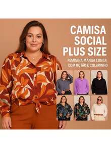Camisa Social Plus Size Feminina Manga Longa com botão e Colarinho - Preto - Visão 9