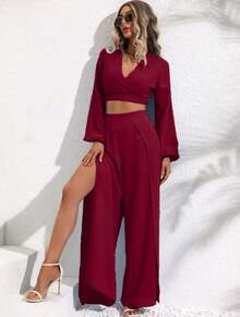 Conjunto elegante fiesta de 2 piezas top cruzado manga larga y pantalón de pierna amplia - Burdeos - Ver 1