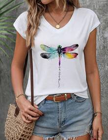 Camiseta de mujer de moda elegante con estampado de libélula geométrica, cuello en V, manga corta, tejido de poliéster, largo regular, blusa casual para todas las estaciones - Blanco - Ver 1