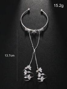 1 件花形指节戒指手链，奢华锆石手背链，适合女士，欧美新娘婚礼手链 - 銀色 - 查看 2