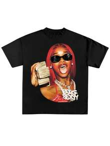 Camiseta de manga corta de talla grande con gráfico retrato, moda callejera informal, para festival musical