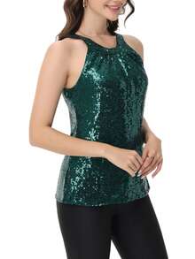 Women's Sparkly Sequin Halter Tank Tops Sleeveless Shirt Club Outfits - 墨綠色 - 查看 6
