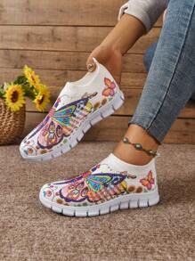 New Mesh Graffiti Print Slip-On Sneakers For Plus Size Women, Lightweight Breathable Colorful Casual Sport Shoes