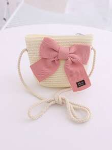 1 Pc Girls Cute Pink Bow Straw Princess Handbag, Suitable For Daily Outing - White - View 7