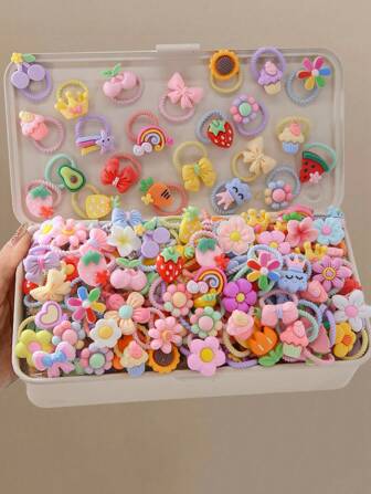40pcs/Set Cute Cartoon Animal, Rainbow, Cloud, Bow, Flower, Watermelon Print Hair Bands, Hair Ties, Hair Accessories For Baby Girls & Kids, Elastic For Daily Use