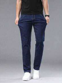 Jeans in denim dritti e stretch da uomo, pantaloni casual sportivi versatili di colore unito, adatti per il lavoro e l'uso quotidiano