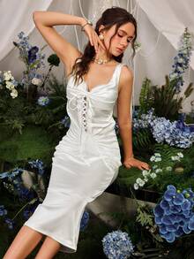 Faeriesty Stylish Wide Strap Ruched Cutout Women's Midi Dress – Modern Mid-Length Gown Featuring Bold Shoulder Straps, Elegant Front Cutout, Perfect For Date Nights, Vacations, Weekend Outings, Garden Parties, And Special Events - White - View 8