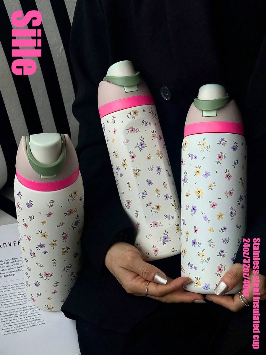 1pc Ditsy Floral Insulated Stainless Steel Vacuum Water Bottle, 24oz/32oz/40oz Capacity, Dual Drinking Methods With Straw, Suitable For Sports, School, Travel, Gym, Holiday & Birthday Gift