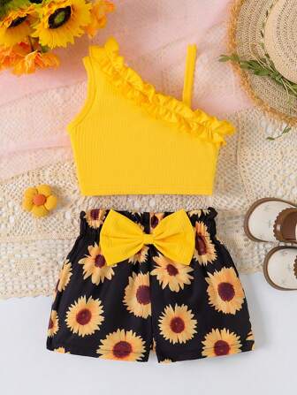 女童荷叶边吊带背心 + 向日葵全身印花蝴蝶结短裤两件套