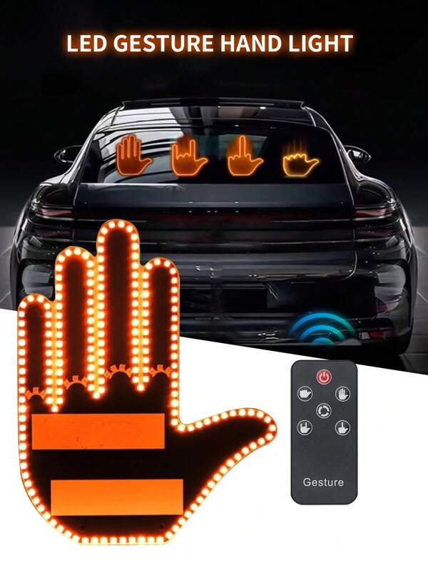 1 stuk grappige LED-autovingerlamp, handgebarenlamp voor in de auto. Nieuwe LED-achterruitlamp met afstandsbediening. LED-accessoires voor weggedrag. 4 modi. Werkt op batterijen.