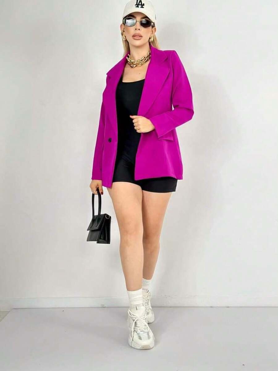 Conjunto de 2 piezas blazer con botones y mono corto ajustado - Lila Púrpura - Ver 1