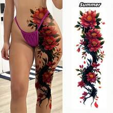 1pc Waterproof Temporary Tattoo With Floral Design, Suitable For Full Legs And Arms, Perfect For Parties, Dates, Outdoor Beach In Spring/Summer - Multicolor - View 4