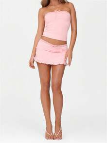 Women Summer Outfits Lace Trim Bow Crop Bandeau And Mini Ruffled Skirt Set For Streetwear Aesthetic Clothes - Hồng - Xem 5