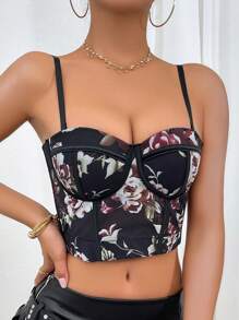 1pc Elegant Sexy French Sheer Floral Fishbone Pattern Fitted Bustier Cami With Padding, Summer