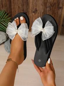 Sandalias de mujer de moda de verano con suela gruesa y decoración de moño hecho a mano, adecuado para viajes y playa, tallas grandes disponibles, sandalias casuales de suela gruesa negras, pantuflas de playa y ocio doméstico, pantuflas de damas europeas y americanas