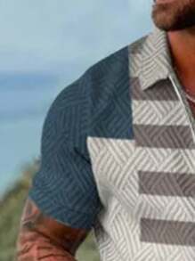 1 Set Men's Sports Casual Suit, Jacquard Splice Print Polo Shirt And Knee Length Shorts Outfit, Summer