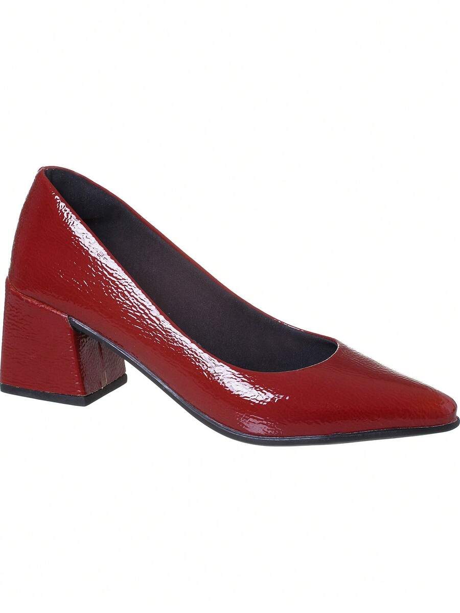 Women's Wet Patent Leather Pumps Casual Dress Shoes Low Square Thick Heel - Đỏ - Xem 1