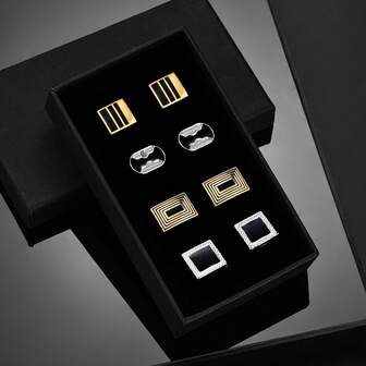 4 Pairs Gold & Black Geometric Brass Cufflinks, Sophisticated & Fashionable Men's Gift Box, High-End & Generous