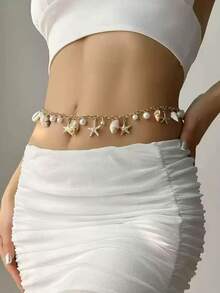 1 pieza Cadena de Body para mujer de playa, cadena de cintura con diseño de estrellas de mar y conchas de estilo oceánico, usar con bikini sexy