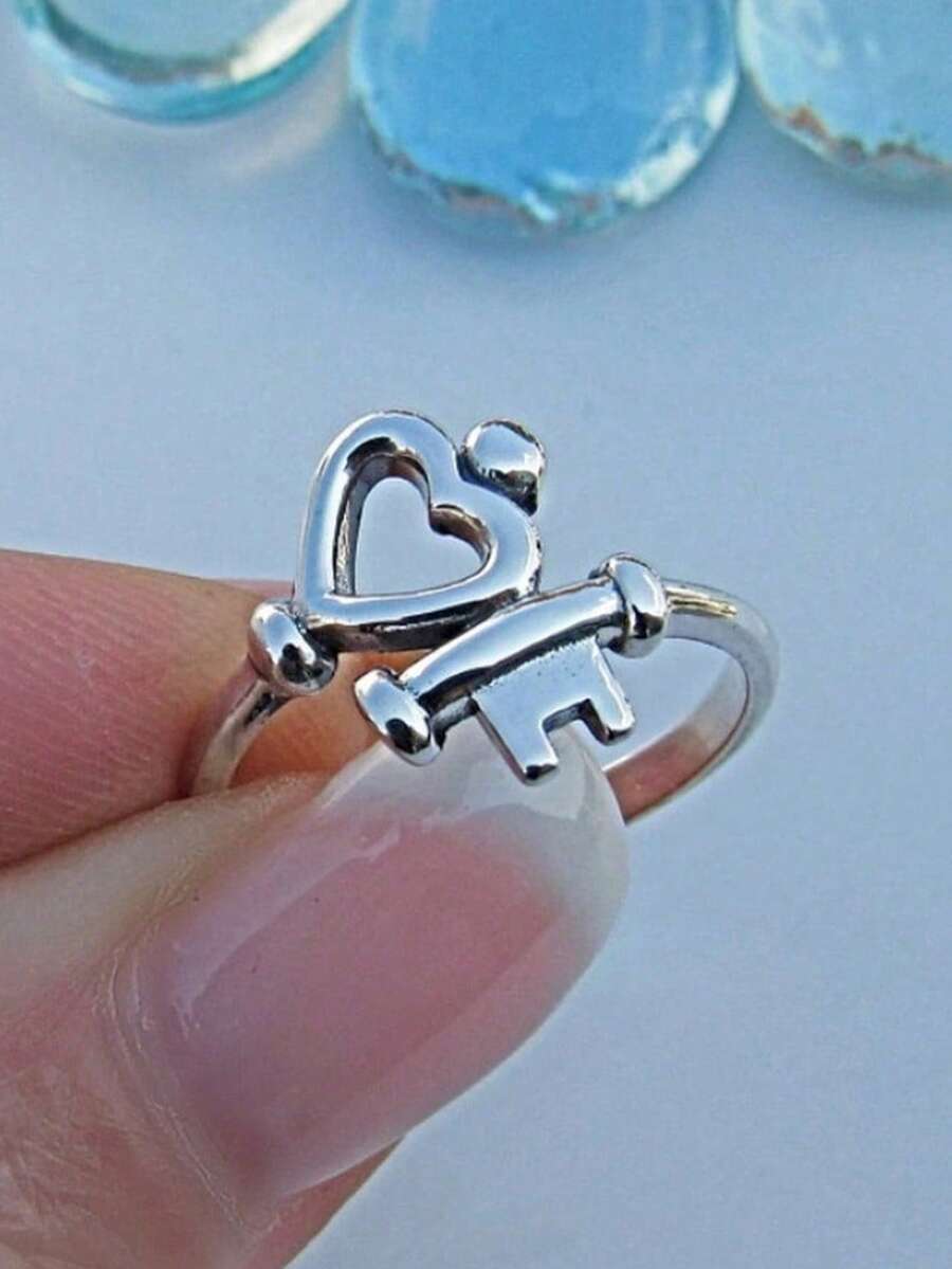 1 pieza Anillo de promesa en forma de corazón bohemio y elegante vintage - Anillo de cobre romántico para mujer, adecuado para el Día de San Valentín y uso diario, regalo para mamá, Día de la Madre - Plateado - Ver 1